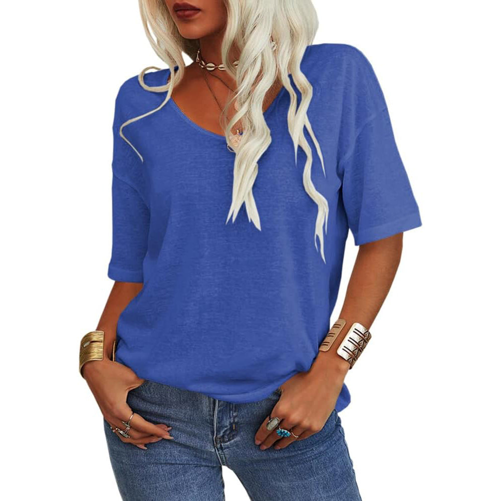 🔥 Meilleure vente | T-shirt femme à col V doux, manches courtes, léger, uni, coupe ample, minimaliste, décontracté, confortable, simple