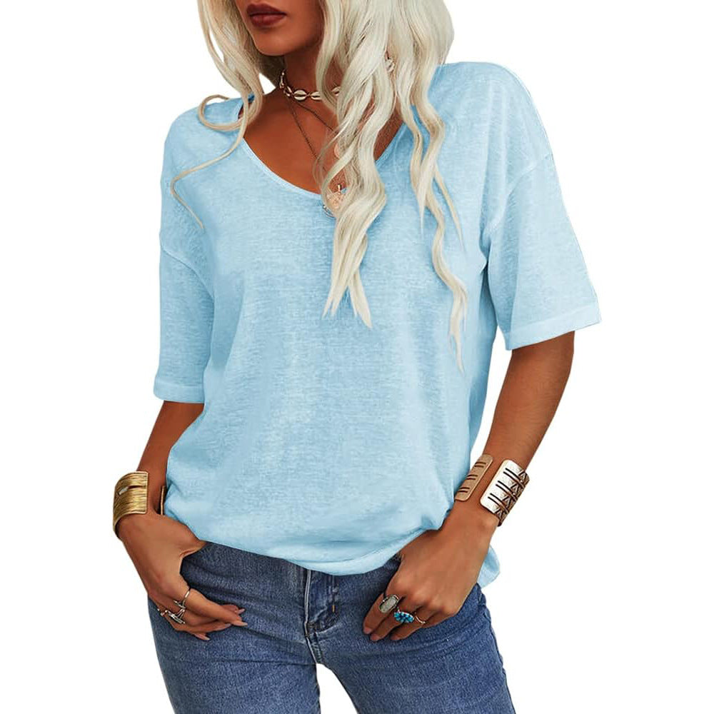 🔥 Meilleure vente | T-shirt femme à col V doux, manches courtes, léger, uni, coupe ample, minimaliste, décontracté, confortable, simple