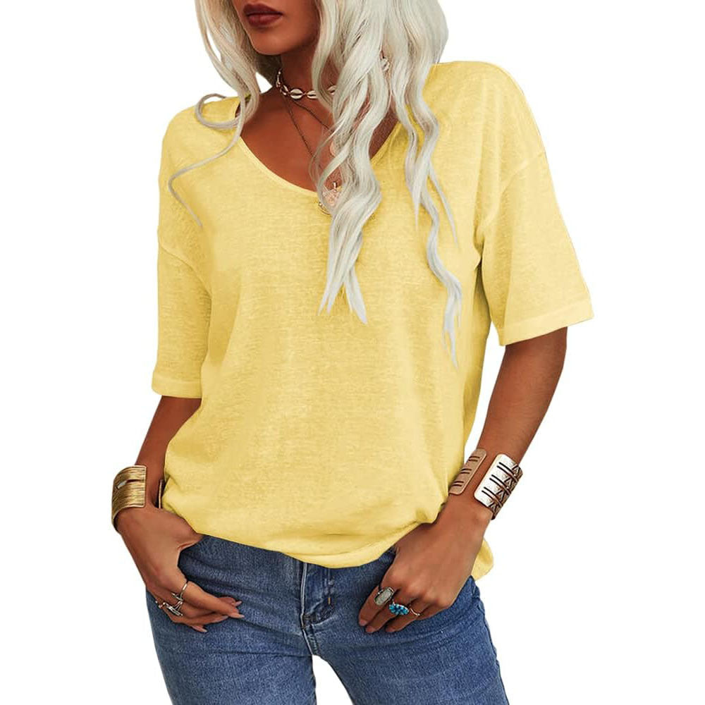 🔥 Meilleure vente | T-shirt femme à col V doux, manches courtes, léger, uni, coupe ample, minimaliste, décontracté, confortable, simple